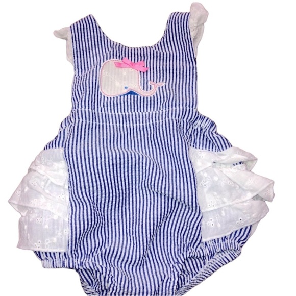 Nursery Rhymes Little Girl 6 Months Preppy Striped Whale Seersucker romper - Picture 1 of 6
